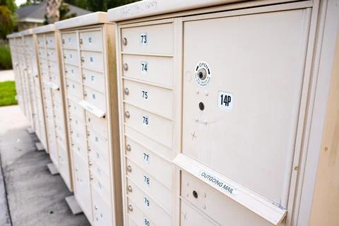 Community Mailbox Cluster for Postal Delivery and Neighborhood Housing Stock Photos