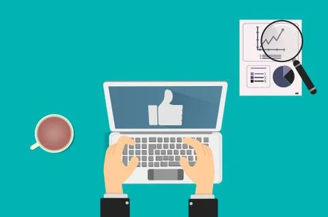 Community manager program posts on social networks and analyze stats of marke Stock Illustration