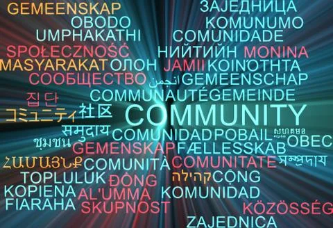 Community multilanguage wordcloud background concept glowing Illustrazione stock