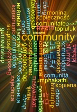 Community multilanguage wordcloud background concept glowing Stock Illustration