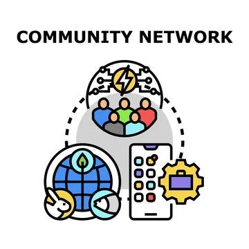 Community network abstract concept linking people globe and digital mobile Stock Illustration