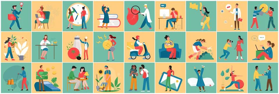 Community of people of different professions and activities, woman and man Stock Illustration