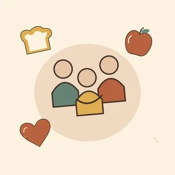 Community picnic with bread fruit and a heart. Decorative flat vector composi 스톡 일러스트