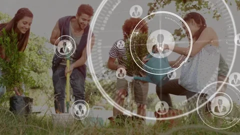 Community planting in park, digging, placing sapling, pouring with blue watering Stock Footage 323430843