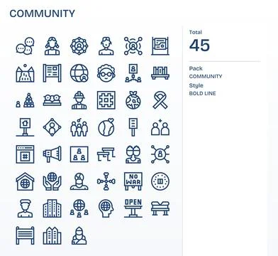 Community Premium Vector Bundle with 45 Retina Ready Pixel Aligned Bold Lin.. Stock Illustration
