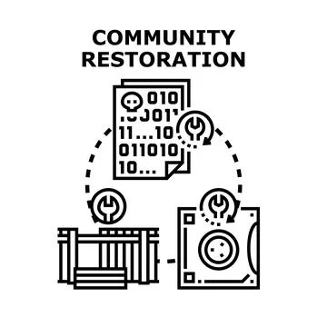 Community restoration process fixing digital and physical systems Stock Illustration