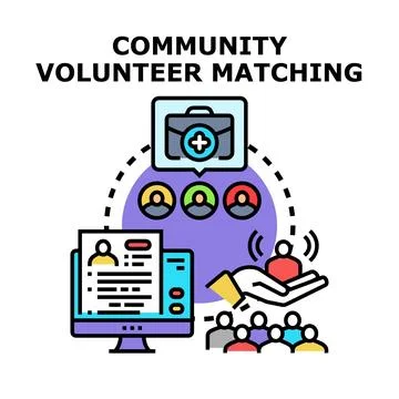 Community volunteer matching program connecting people to charity aid Stock Illustration
