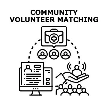 Community volunteer matching program connecting people to charity aid Stock Illustration