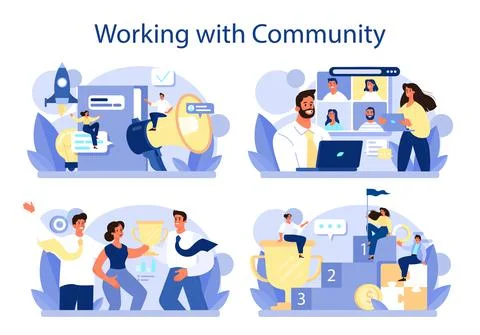 Community working concept set. Team building, group of people work Ilustración de archivo