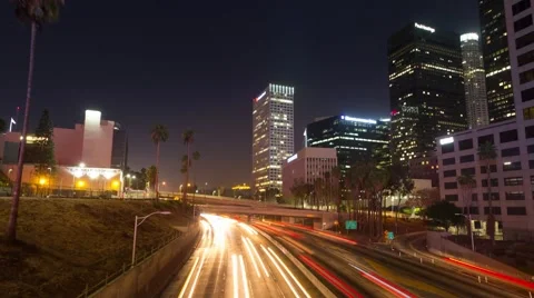 Commuter freeway city traffic downtown Los Angeles night 4K Timelapse hyperlapse Stock Footage