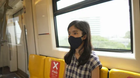 Commuter Girl Sitting in Train While Wearing Face Mask During Coronavirus  Stock Footage 133017994