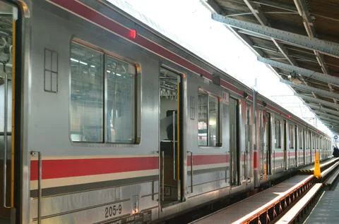 Commuter Line or electric train in Jakarta, Indonesia. Stock Photos