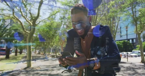 Commuter man leaning on scooter, tapping phone and revealing animated tech Stock Footage 333965541