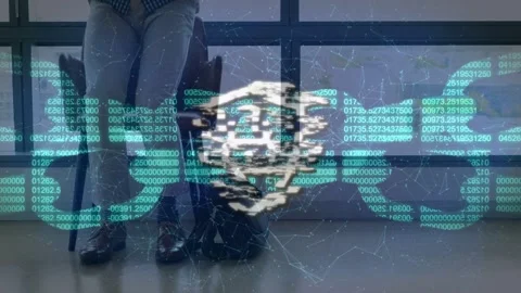 Commuter tapping phone at window, cyber overlay appearing and glitching while Stock Footage 334743536