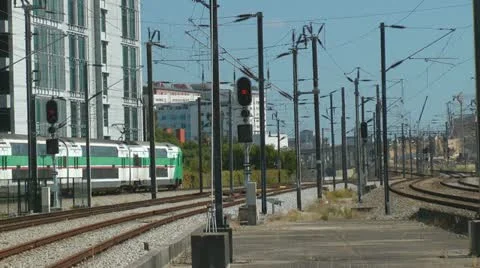 Commuter train in city Stock Footage 11150536