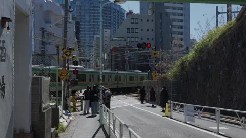 Commuter Train Passing Level Crossing as Pedestrians Wait in Tokyo Japan Stock Footage 342323258