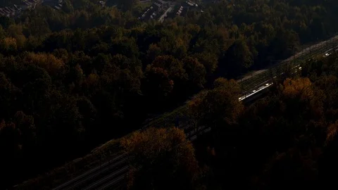 The commuter train is passing through the trees in the evening. Stock Footage 120087818