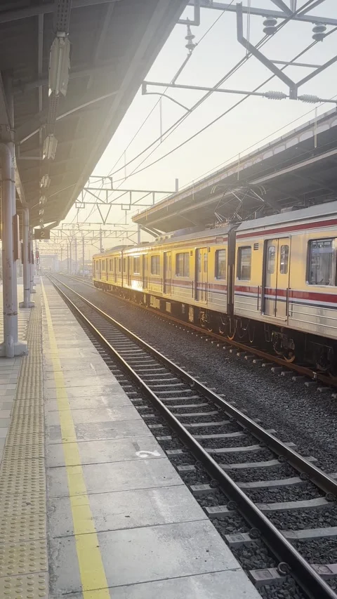 Commuter Train at Railway Station Platform During Sunset Stock Footage 342830922