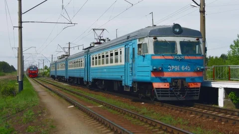 Commuter train traffic near a small provincial station. Russia Stock Footage 101855333