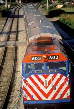 A commuter train in the West Loop area enters downtown Chicago. Stock Photos