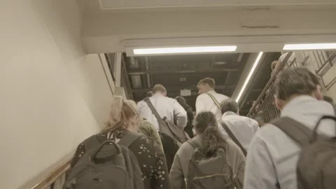 Commuters Ascending Stairs at Sydney Train Station During Morning Rush Stock Footage 341695142