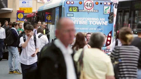 Commuters at a City Bus Stop Stock Footage 85037077