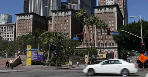 Commuters Commuting Downtown Los Angeles LA Cars Traffic Rush Hour Sunny Day USA Stock Footage 44397943