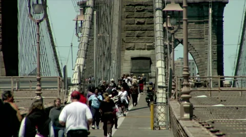 Commuters Joggers on the Brooklyn Bridge Stock Footage 49223584