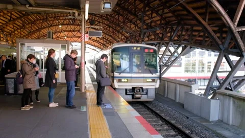 Commuters queue in a line waiting for arriving train Stock Footage 132014301