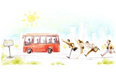 Commuters running after bus Illustrazione stock