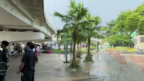 Commuters sheltering from rain under urban overpass bridge 4K Stock Footage 337458782