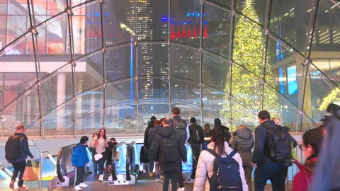 Commuters take elevator to Penn Station beneath glowing Christmas Tree Stock Footage 295928489