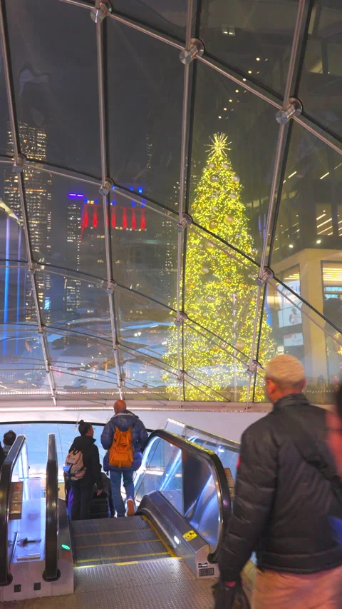 Commuters take elevator to Penn Station beneath glowing Christmas Tree Stock Footage 295979277