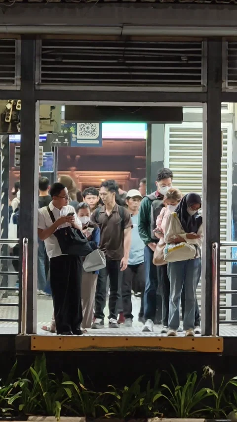 Commuters Waiting at Bus Shelter During Daily Urban Commute at Night Stock Footage 338988641