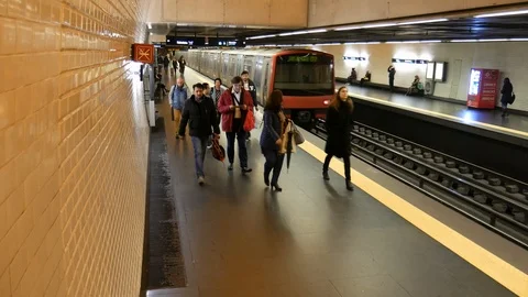 Commuters waiting for metro to arrive at Chiado station, Lisbon, Portugal Stock Footage 102146921