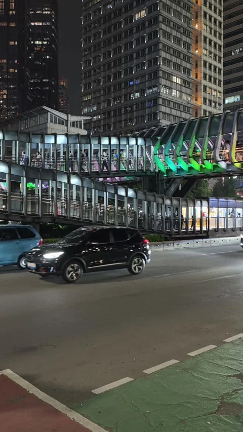 Commuters Walk Across an Elevated Pedestrian Bridge Stock Footage 338446472