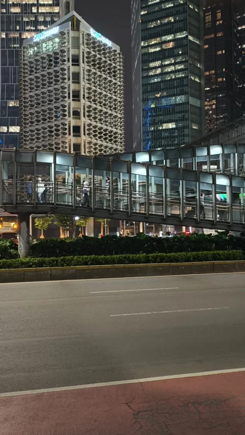 Commuters Walk Across an Elevated Pedestrian Bridge Stock Footage 338447692