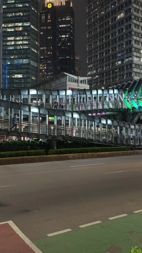 Commuters Walk Across an Elevated Pedestrian Bridge Stock Footage 338447710