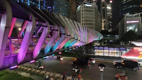 Commuters Walk Across an Elevated Pedestrian Bridge Stock Footage 338576384