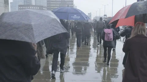 Commuters walking in the rain at rush hour Video stock 118244588