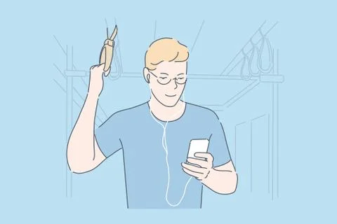 Commuting, using smartphone, bus passenger concept Stock Illustration