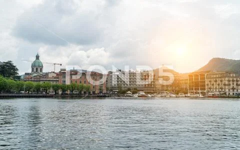 Como old city view from the Como lake, Italy. Stock Photos