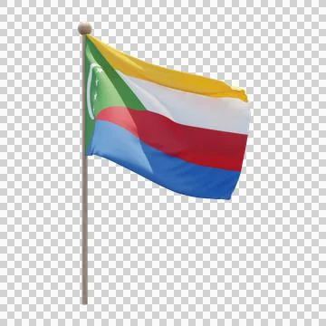 Comoros 3d illustration flag on pole. Wood flagpole Stock Illustration
