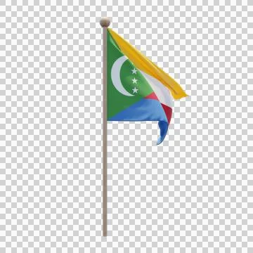 Comoros 3d illustration flag on pole. Wood flagpole Stock Illustration