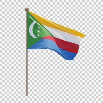 Comoros 3d illustration flag on pole. Wood flagpole Stock Illustration