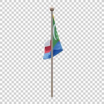 Comoros 3d illustration flag on pole. Wood flagpole Stock Illustration