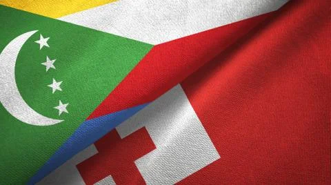 Comoros and Tonga two flags textile cloth, fabric texture Stock Illustration