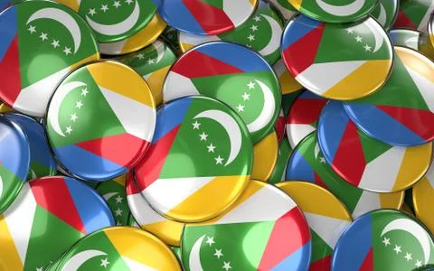 Comoros Badges Background - Pile of Comoran Flag Buttons. Illustrazione stock