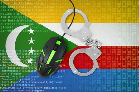 Comoros flag  and handcuffed computer mouse. Combating computer crime, hacker Stock-Fotos