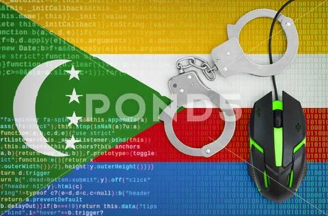 Comoros flag and handcuffed computer mouse. Combating computer crime, hacker Stock Photos